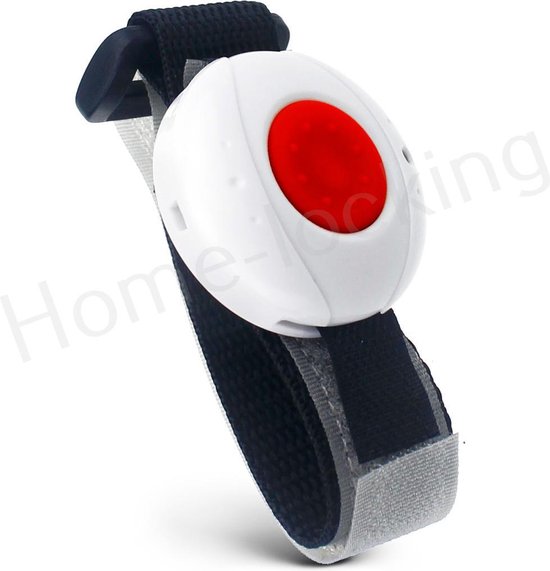 Witte SOS-knop met rode paniekknop op een zwarte en grijze band.