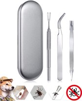 Set van 3 Stuks RVS Tekentang met Draagtas - Tekenverwijderaar - Kat Tekenkaart - Tick Key Tekenpincet  - Teken Tang Verwijderaar - Paard Tekenhaak - Tekenpas Safecard - Mens - Roestvrij Staa