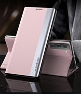 Voor Samsung Galaxy S21 5G Side Gegalvaniseerde Magnetische Ultradunne Horizontale Flip Lederen Case met Houder (Roze)