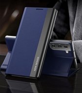 Voor Samsung Galaxy S21 5G Side Gegalvaniseerde Magnetische Ultradunne Horizontale Flip Leather Case met Houder (Donkerblauw)