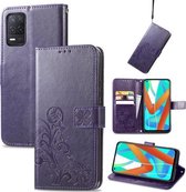 Voor OPPO Realme V13 Vier-blad sluiting Reliëf Gesp Mobiele Telefoon Bescherming Lederen Case met Lanyard & Card Slot & Portemonnee & Beugel Functie (Paars)