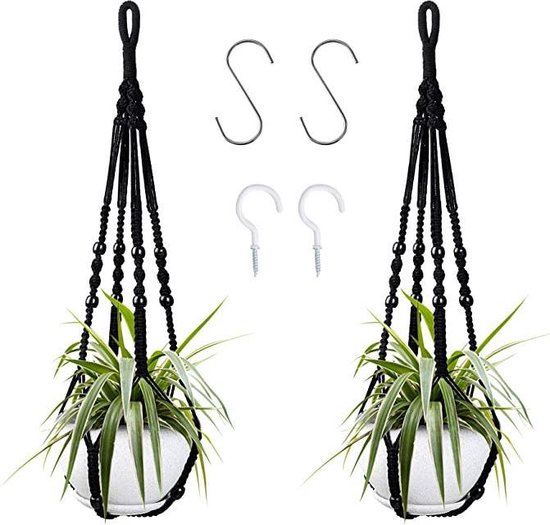 3 Stuks Macrame Plantenhangers - Boho Handgeweven Katoen Hangpot voor Binnen/Buiten - Hangende Bloempot met Kralen - Macramé Touw/Koord Hangplant Houder - Bohemian Wandhanger Decoratie - Plant Hanger - Verticale Tuin Bloempothouder Planthanger