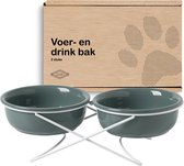GIZMO Voerbak Kat/Hond Dubbel - Donkergroen - 2 Keramische Drink- & Voerbakken met Standaard - Drinkbak - 15 cm - 500ML