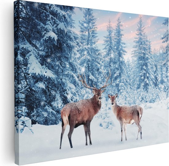 Artaza Canvas Schilderij Twee Herten In Het Bos Met Sneeuw - 80x60 - Foto Op Canvas - Canvas Print