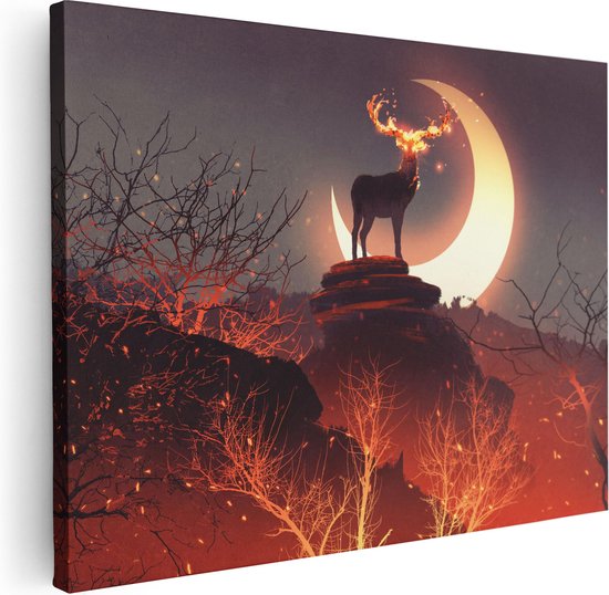 Artaza - Peinture sur toile - Cerf sur un rocher pendant le croissant de lune - 40 x 30 - Klein - Photo sur toile - Impression sur toile