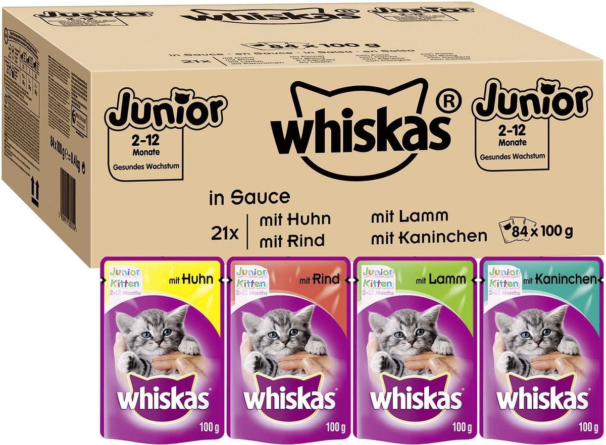 Whiskas Junior Kattenvoer - 84x 100g Hoogwaardig natvoer in verschillende smaken voor een gezonde vacht - Natvoer in verschillende smaken, 84 x 100gr= 8.4 kg