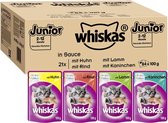 Whiskas Junior Kattenvoer – 84x 100g Hoogwaardig natvoer in verschillende smaken voor een gezonde vacht – Natvoer in verschillende smaken, 84 x 100gr= 8.4 kg