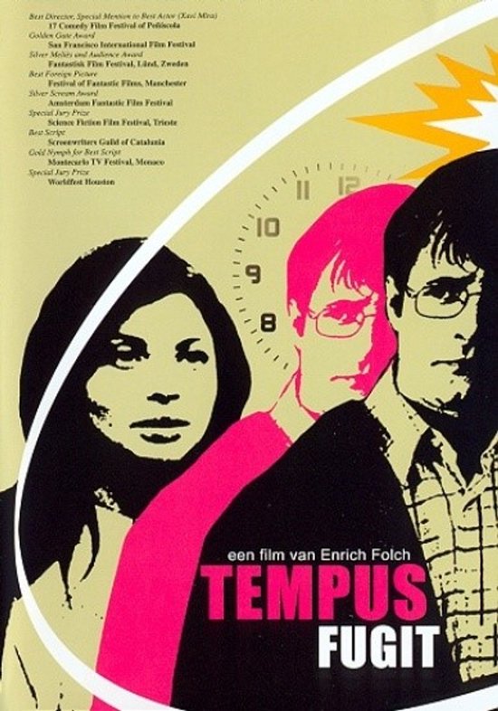 Filmaffiche met drie gezichten, waarvan twee mannen en één vrouw. Centraal staat een klok met de tekst "een film van Enrich Folch TEMPUS FUGIT".
