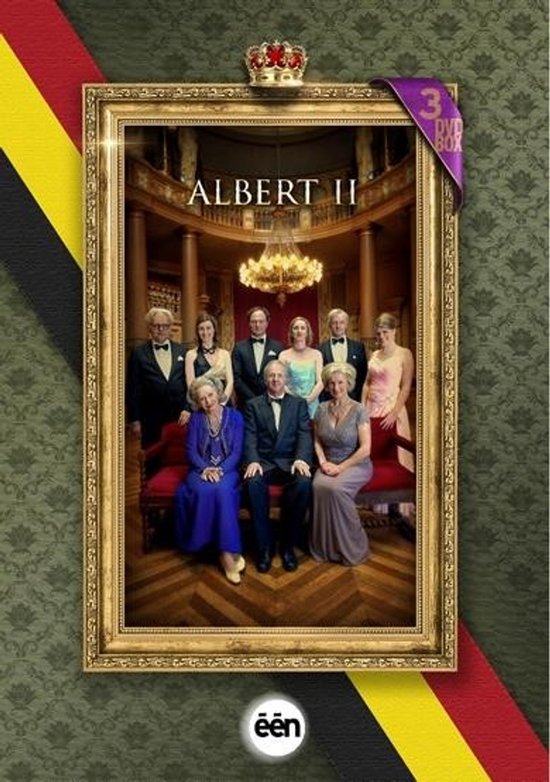 Gouden lijst met een koninklijke familie in nette kledij, 'Albert II' staat bovenaan met een kroon.