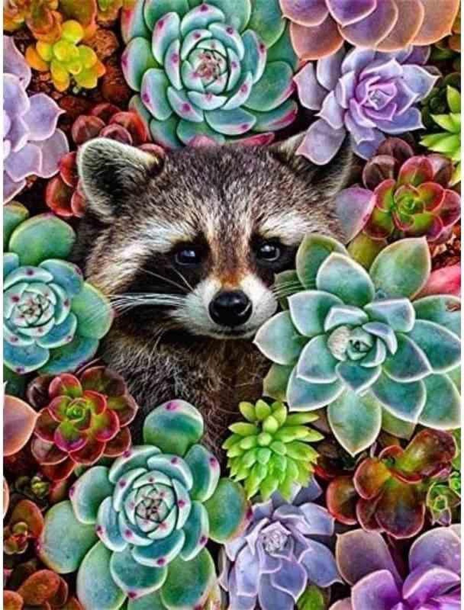 Diamond painting - Wasbeer in bloemen - Geproduceerd in Nederland - 20 x 30 cm - canvas materiaal - vierkante steentjes - Binnen 2-3 werkdagen in huis