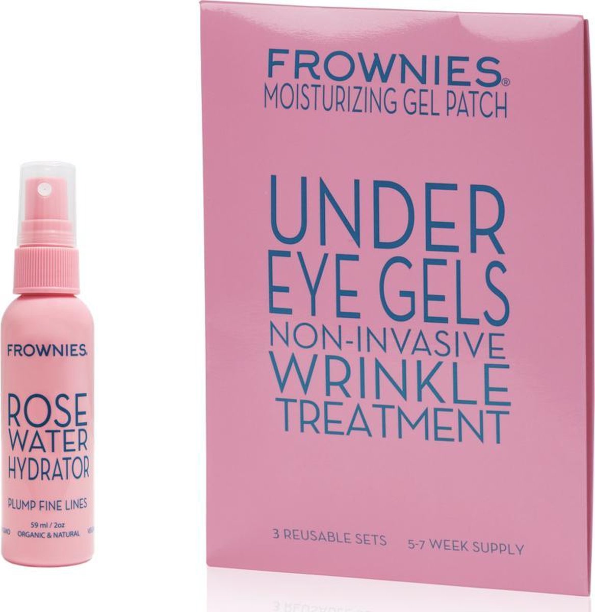 Frownies | hydraterende gel patches (3x een paar) voor onder de ogen en rozenwater (59 ml) - 100% natuurlijk