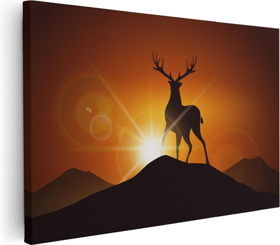 Artaza Canvas Schilderij Hert Op Een Berg - Abstract - Silhouet - 120x80 - Groot - Foto Op Canvas - Wanddecoratie Woonkamer