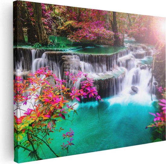 Artaza Canvas Schilderij Waterval In De Herfst Met Kleurrijke Bloemen - 80x60 - Foto Op Canvas - Canvas Print