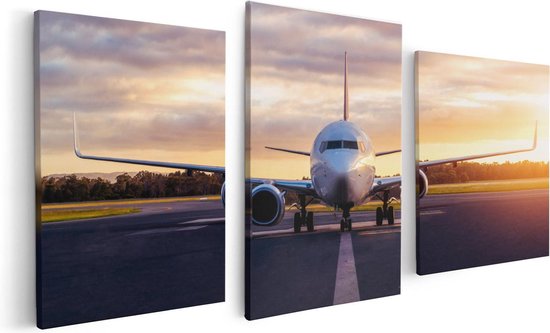 Artaza Canvas Schilderij Drieluik Vliegtuig Op De Landingsbaan  - 120x60 - Foto Op Canvas - Canvas Print