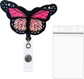 Badgehouder met trekkoord 60 cm - pashouder - clip - afrolmechanisme - vlinder roze