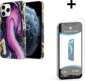 ShieldCase Galaxy Marmer geschikt voor Apple iPhone 12 / 12 Pro - 6.1 inch hoesje - paars + glazen Screen Protector - Shockproof beschermhoesje met roze print - Inclusief bescherm glas - Zwart & Roze hoesje shock proof beschermhoes