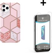 ShieldCase Pink Pattern geschikt voor Apple iPhone 12 / 12 Pro - 6.1 inch hoesje  - roze  + glazen Screen Protector