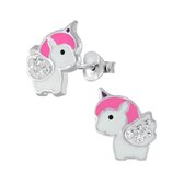 Joy|S - Zilveren baby eenhoorn oorbellen 8 x 10 mm roze kristal unicorn