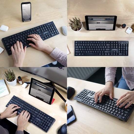 Collage van vier afbeeldingen waarop het zwarte toetsenbord wordt gebruikt met verschillende apparaten (telefoon, tablet, laptop).