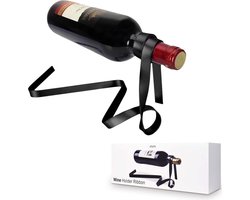 MikaMax Wijnfleshouder - Zwevende Fleshouder - Optische Illusie - Tafeldecoratie - Lint Design - Geschikt voor Iedere Fles - Origineel Cadeau - 38 × 12,5 × 15 cm - Zwart