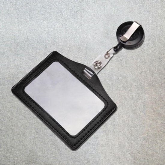 Badgehouder met trekkoord 60 cm - clip - afrolmechanisme - PU leder horizontaal zwart - keycard Badgehouder met trekkoord 60 cm - clip - afrolmechanisme - PU leder horizontaal zwart - keycard