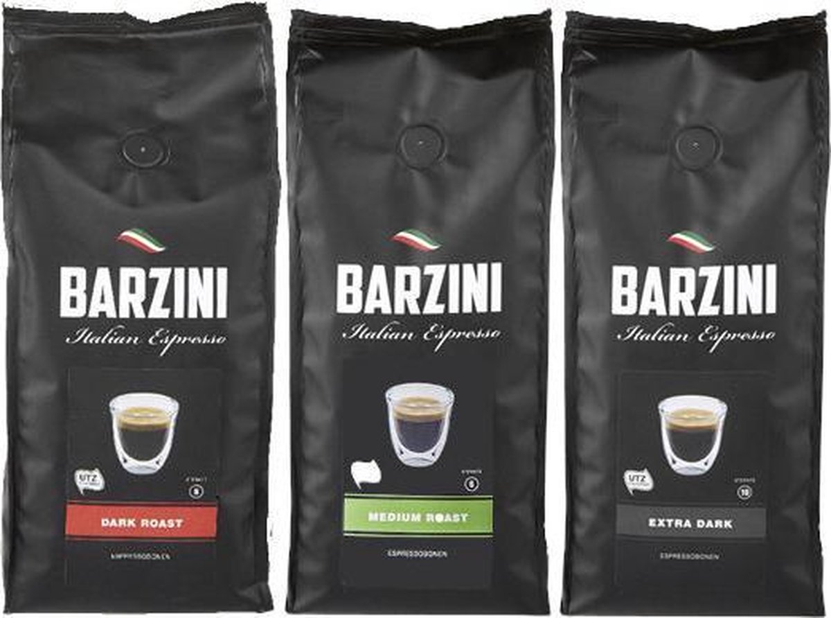 Barzini Italian - Koffiebonen proefpakket - Totaal 1,5kg koffiebonen (3x 500gr) - Medium Roast, Dark Roast & Extra Dark koffiebonen - UTZ gecertificeerd - Blend / Melange Arabica - Robusta - espresso bonen, specialty koffie, lungo