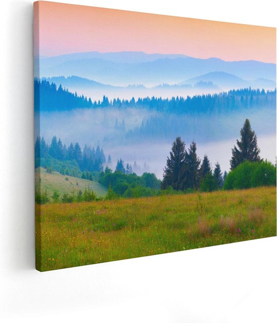 Artaza Canvas Schilderij Mistige Heuvel Landschap Met Bossen - 100x80 - Groot - Foto Op Canvas - Canvas Print