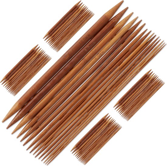 Relaxdays breinaalden set - 75 stuks - voor sokken - 15 groottes - 2 tot 10 mm - bamboe - breiset