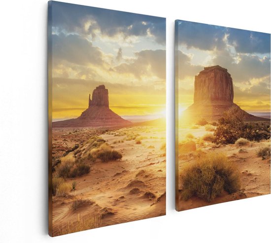 Artaza Canvas Schilderij Tweeluik Zonsondergang In Woestijn Monument Valley  - 80x60 - Foto Op Canvas - Canvas Print
