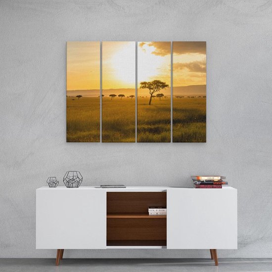 Artaza - Quadriptyque de peinture sur toile - Coucher de soleil dans la savane - 80x60 - Photo sur toile - Impression sur toile
