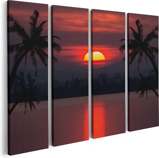 Artaza Canvas Schilderij Vierluik Zonsondergang Op Het Strand Met Palmbomen - 80x60 - Foto Op Canvas - Canvas Print