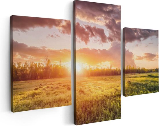 Artaza Canvas Schilderij Drieluik Zonsopkomst In Het Veld - 90x60 - Foto Op Canvas - Canvas Print