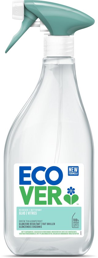 Ecover glasreiniger fles met groene spuitkop. Zwarte fles, 500ml.