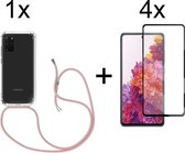 Samsung S20 FE Hoesje - Samsung Galaxy S20 FE hoesje transparant met rosé koord shock proof case - Full Cover - 4x Samsung S20 FE screenprotector