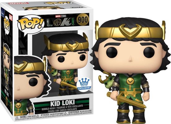 Kid Loki Funko Pop figuur in groen met goud, met drakencape en gouden zwaard.