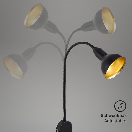 Zwarte wandlamp met flexibele arm en goudkleurige kap, toon de verstelbaarheid.