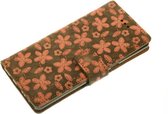 Made-NL Handmade Echt Leer Book Case Voor Samsung Galaxy A30 Donkergrijs leder met een roze bloemetje.