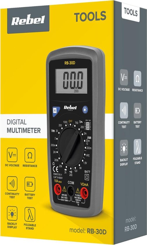 The Rebel Tools RB-30D - Compteur universel / Comprend des cordons de test