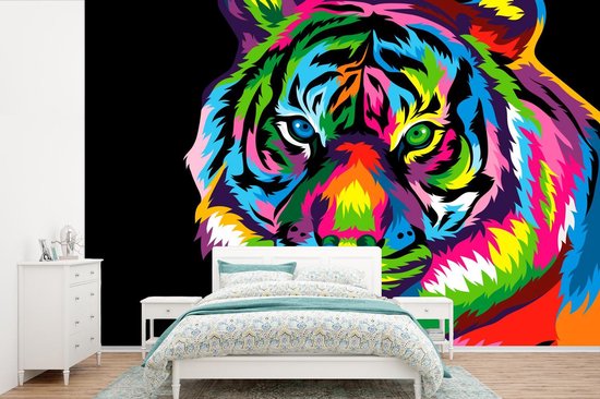 Behang - Fotobehang Tijger - Kop - Regenboog - Breedte 420 cm x hoogte 280 cm