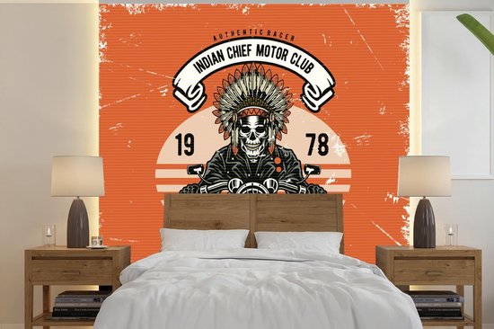 Papier peint - Papiers Papier peint photo Indiens - Squelette - Moto - Rétro - Largeur 300 cm x Hauteur 300 cm