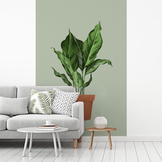 Illustration d'une plant aux feuilles luxuriantes sur fond gris-bleu 145x220 cm