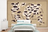 Wereldkaart sur fond marron avec les noms des continents et des océans et illustrations d'animaux 390x260 cm