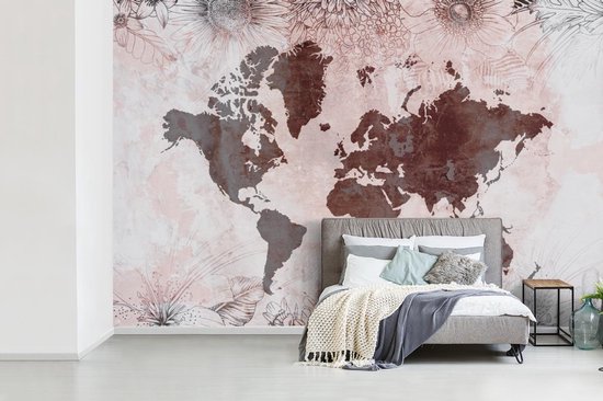 Carte du monde rouge foncé avec un motif gris dessus, décorée d'illustrations de fleurs 390x260 cm