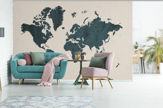 Wereldkaart de pierre bleu foncé avec rainures sur fond rose 330x220 cm