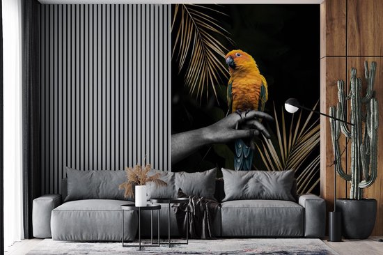 Fond d' écran - Papier peint photo - multicolore oiseau sur une main et fond noir - Largeur 195 cm x hauteur 300 cm