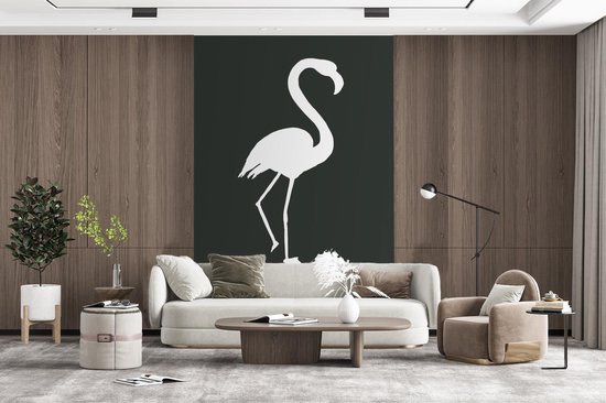 Silhouette Wit d'un flamant rose sur fond gris foncé 195x300 cm