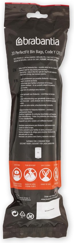 Achterkant van de verpakking van Brabantia PerfectFit vuilniszakken, code Y, 20L. Zwart met rode details.