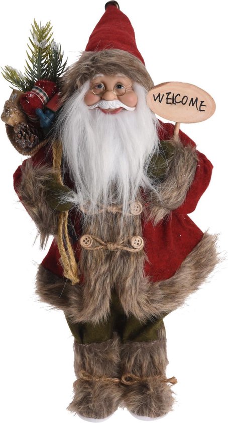 Kerstman Deco Figuur 37 cm hoog rood/grijze jas met cadeauzakje