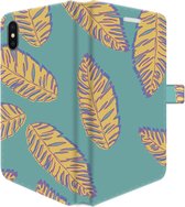 Apple iPhone XS Max Telefoonhoesje - Portemonneehoesje  - Met pasjeshouder - Met Plantenprint - Tropische Blaadjes - Donkergroen