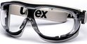 Uvex carbonvision veiligheidsbril met heldere lenzen, wit bovenframe en witte band met Uvex logo.